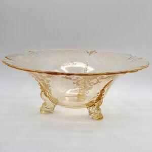 Vintage Heisey Etched Glass Sahara Yellow Empress Dolphin Three Footed Bowl 11"